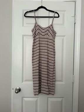 Soft Joie Cream Midi Dress with Brown and Muted Red Stripes